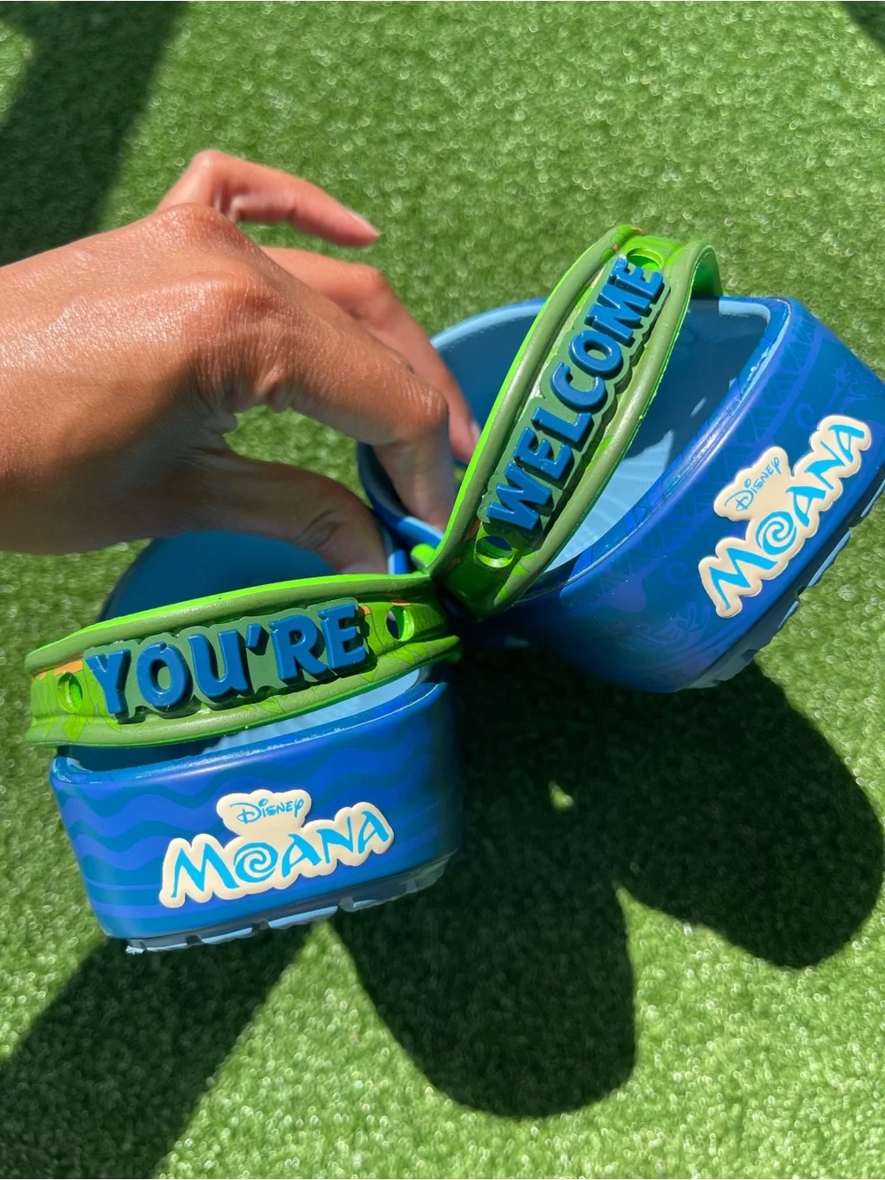 CROCS Moana Kids Blue Clog with Neon Green Strap and Ocean Charm Accents